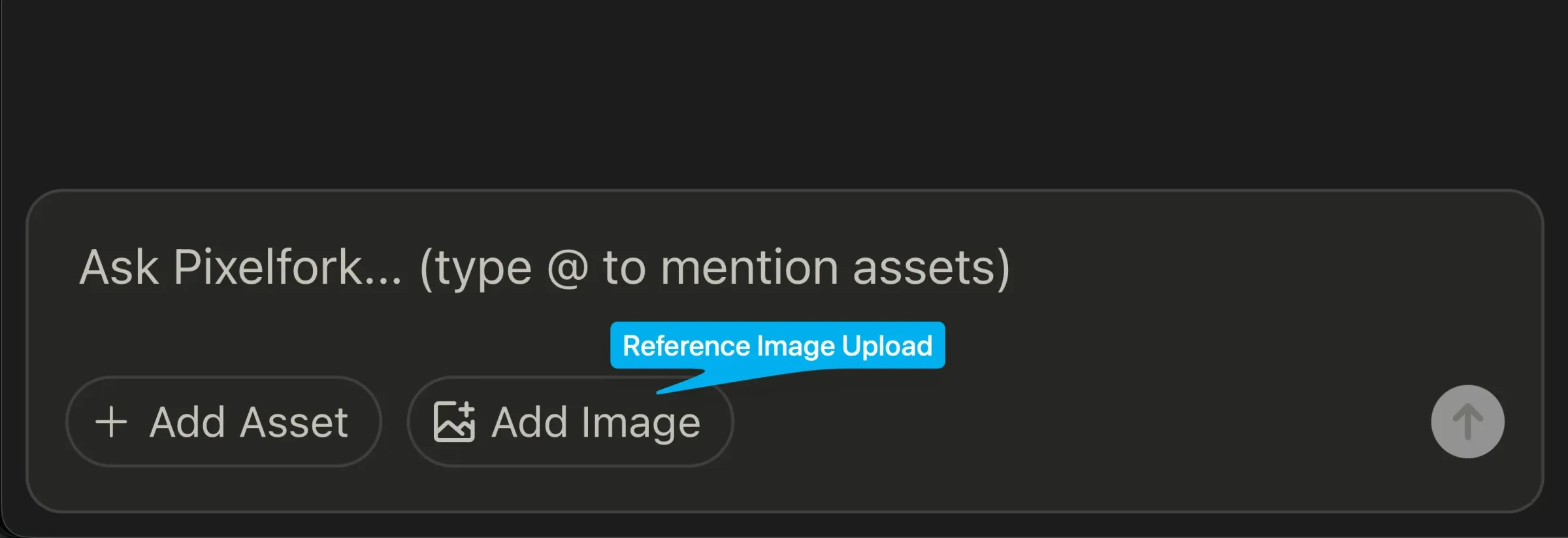 The Pixelfork chat box with Add Asset and Add Image buttons and a hint to type @ to mention assets