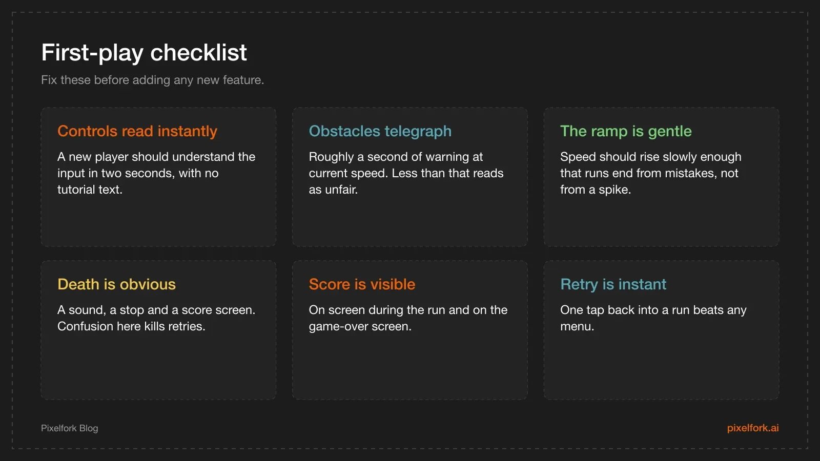 First-play checklist for an endless runner: readable controls, telegraphed obstacles, fair speed ramp, clear death and visible score