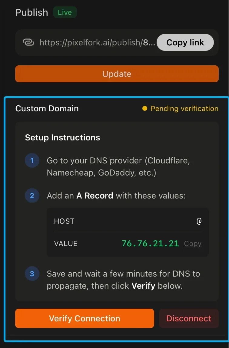 The Pixelfork publish panel showing the playable link, an Update button and the custom domain setup instructions with the A record value