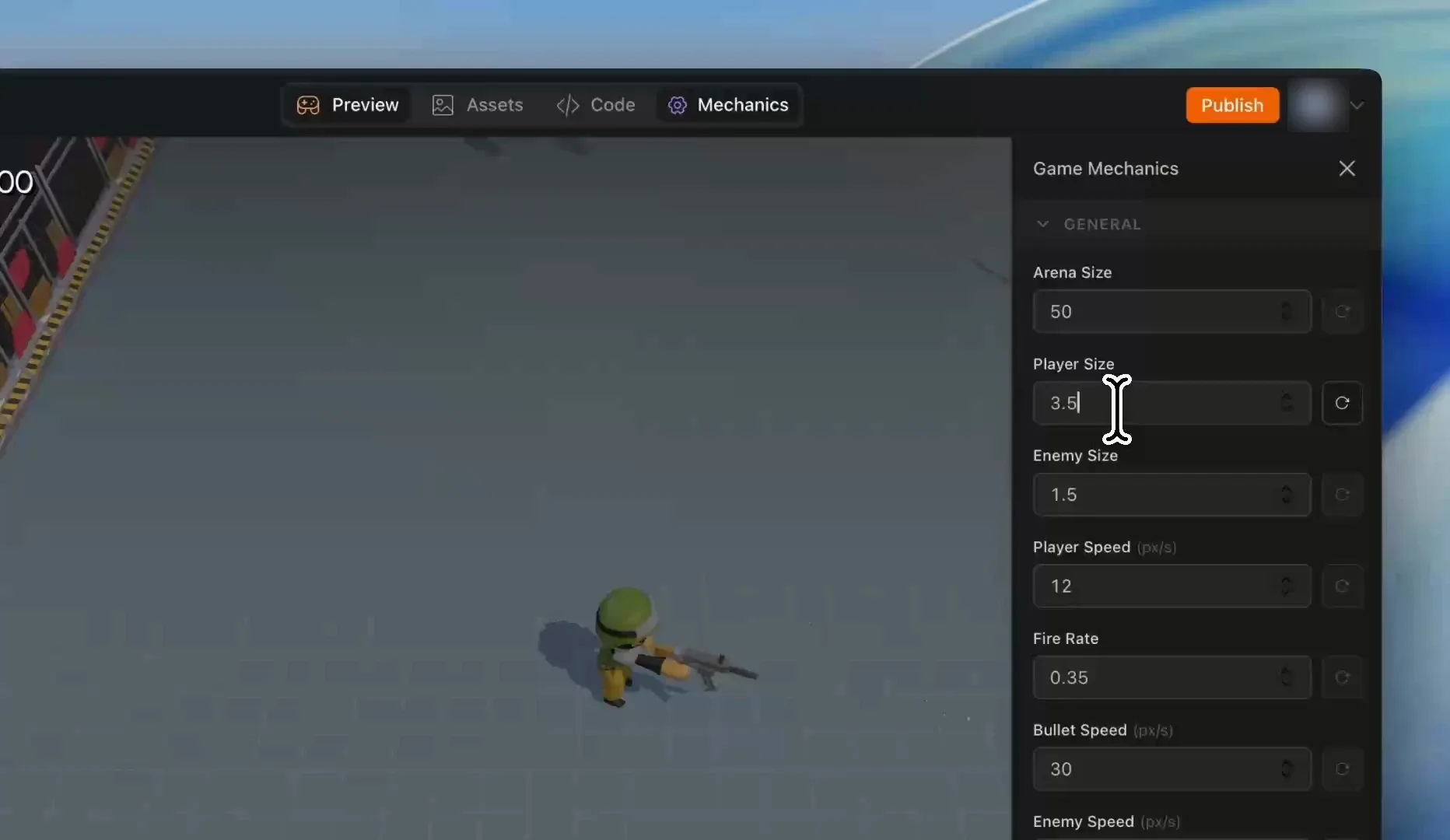 The Pixelfork Mechanics panel open next to the game preview, showing fields for arena size, player size, enemy size, player speed, fire rate and bullet speed
